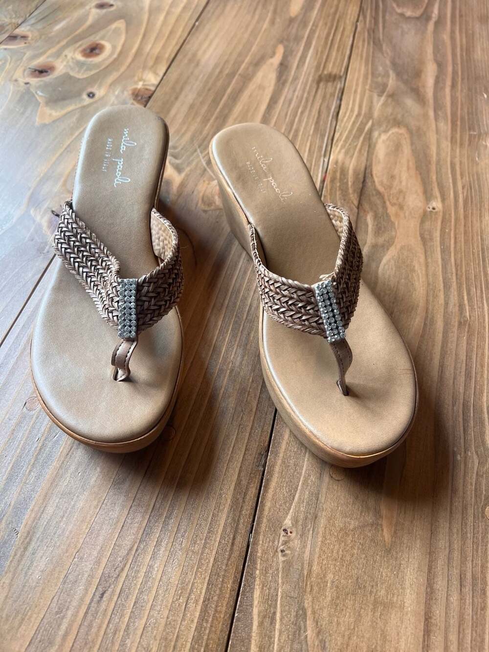 Mila Paoli Made in Italy Woven Rhinestone Wedge Thong Sandals 8.5*